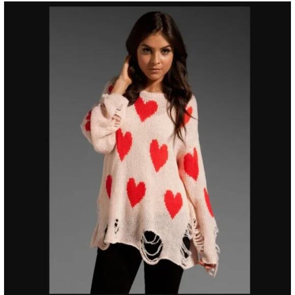 NEW! WILDFOX WHITE LABEL 'All Over Love' Lennon Sweater in PINK/ RED HEARTS (S) - Picture 4 of 11